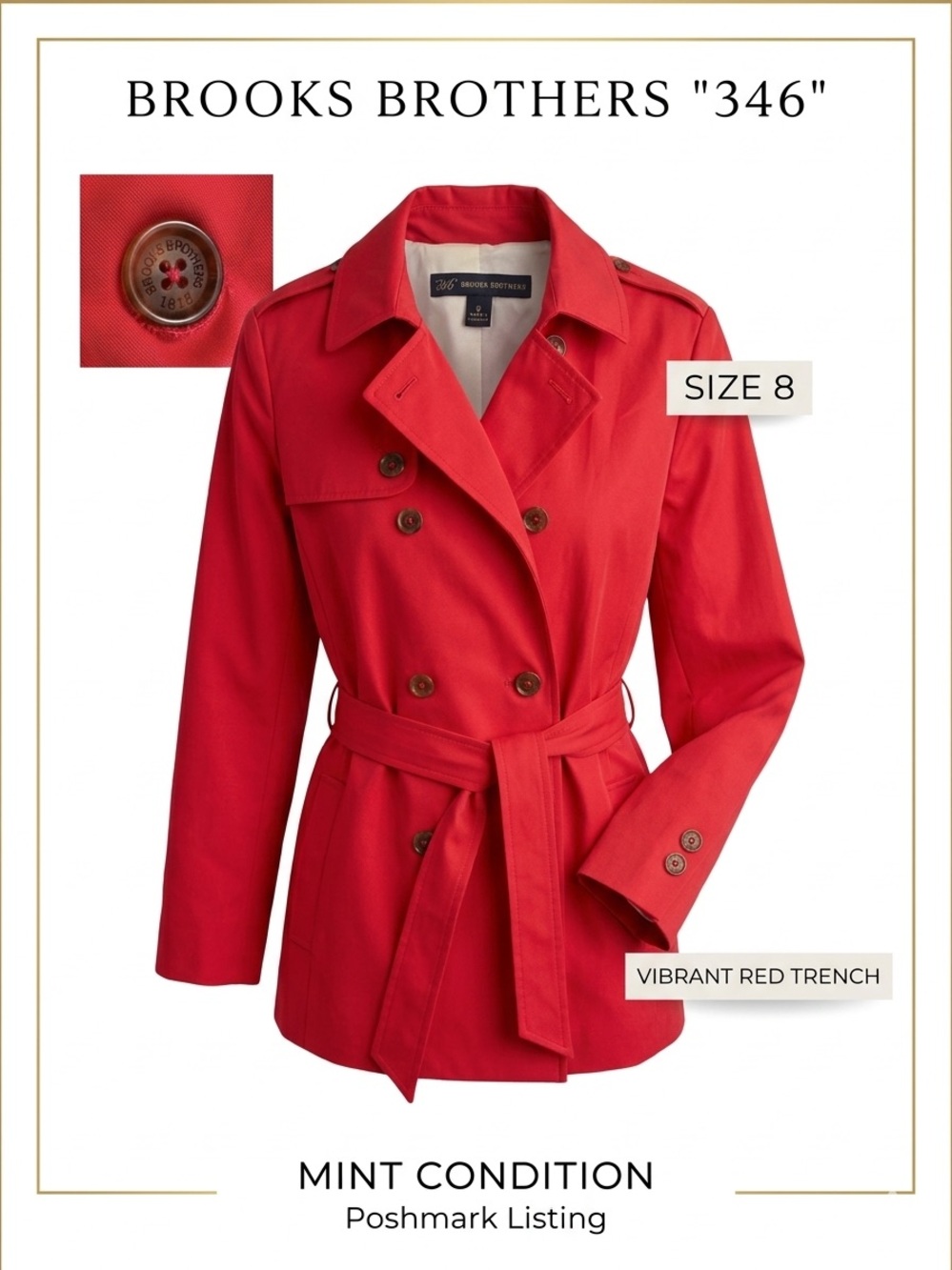 Brooks Brothers "346" Red Double Breasted Trench Coat - Size 8